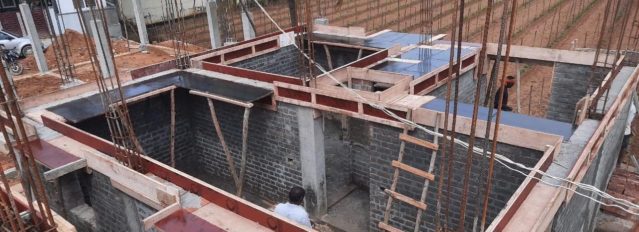 Formwork and block walls at the lower level of a villa.